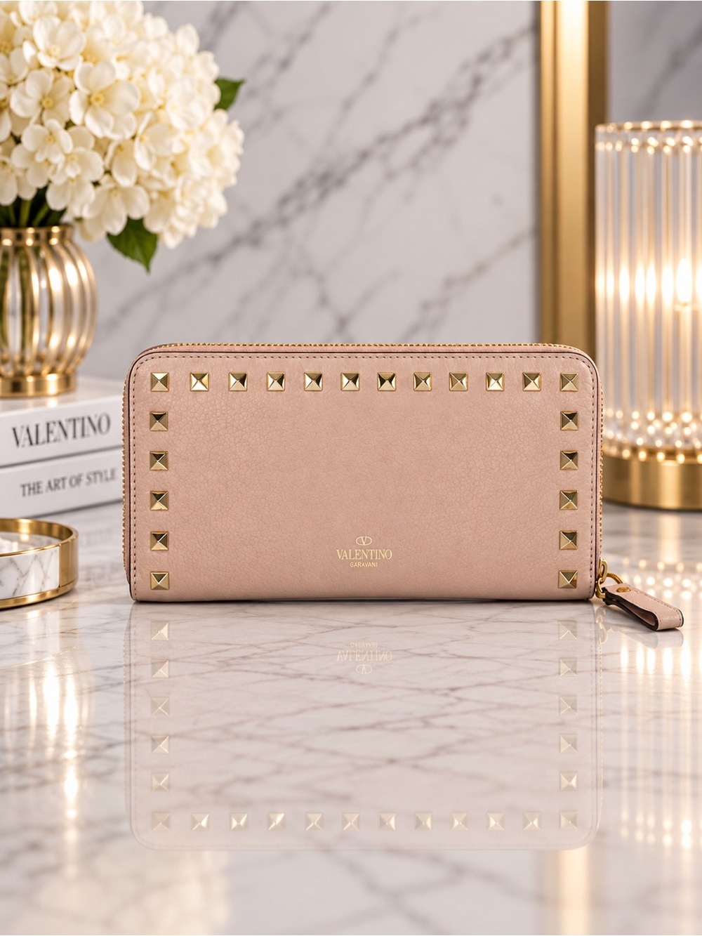 Valentino Garavani Light Pink Rockstud Leather Long Zip Wallet Full Inclusion